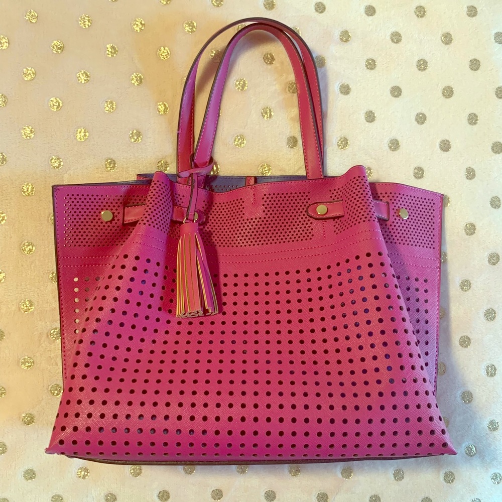 Hot pink bag with blue lining and mini purse